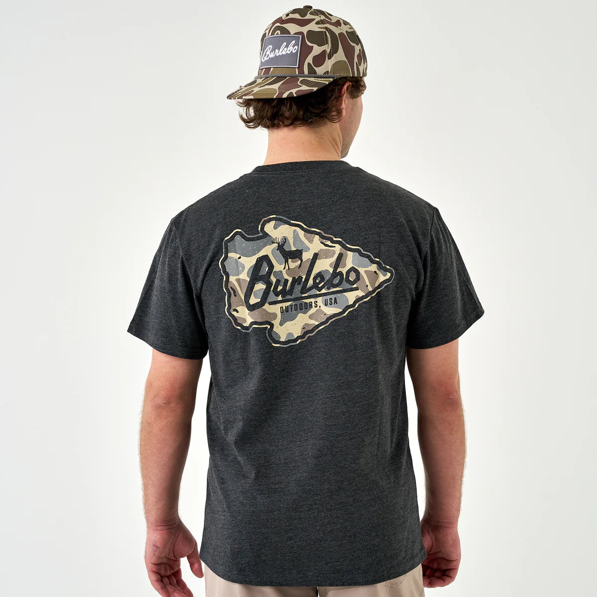Burlebo® Men's Short Sleeve Tee Arrowhead Classic Deer Camo - Heather Black SST-AHCDC-HB