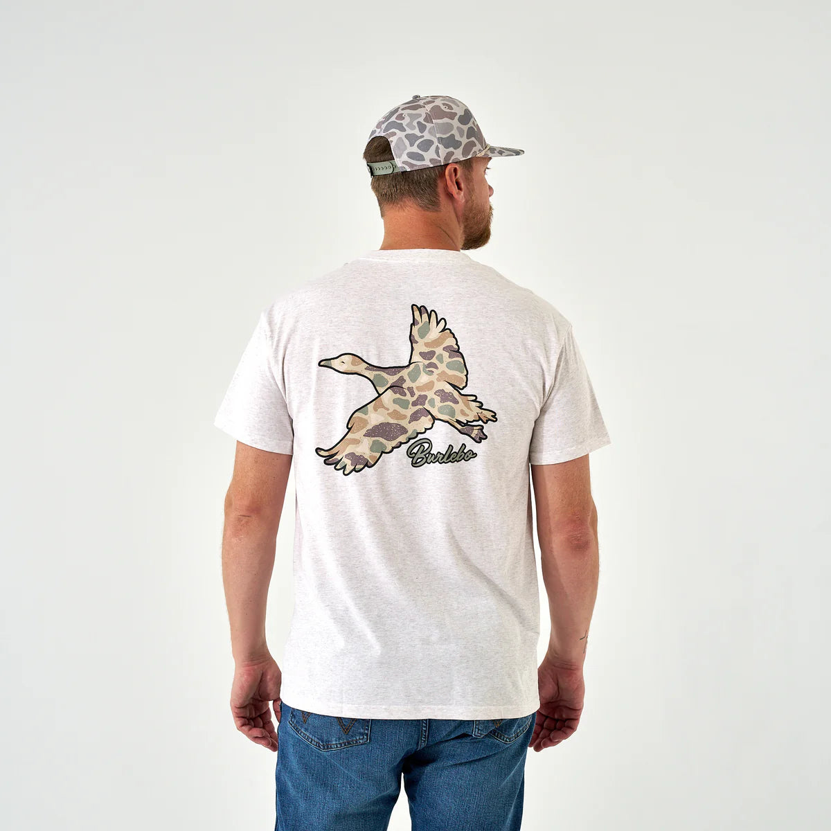 Burlebo® Men's Short Sleeve Tee Flying Pintail Camo Duck - Oatmeal SST-FPTCD-OAT