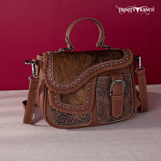 Trinity Ranch® Genuine Hair-On Cowhide Saddle Shape Collection Crossbody/Satchel -Brown TR149-8360BR