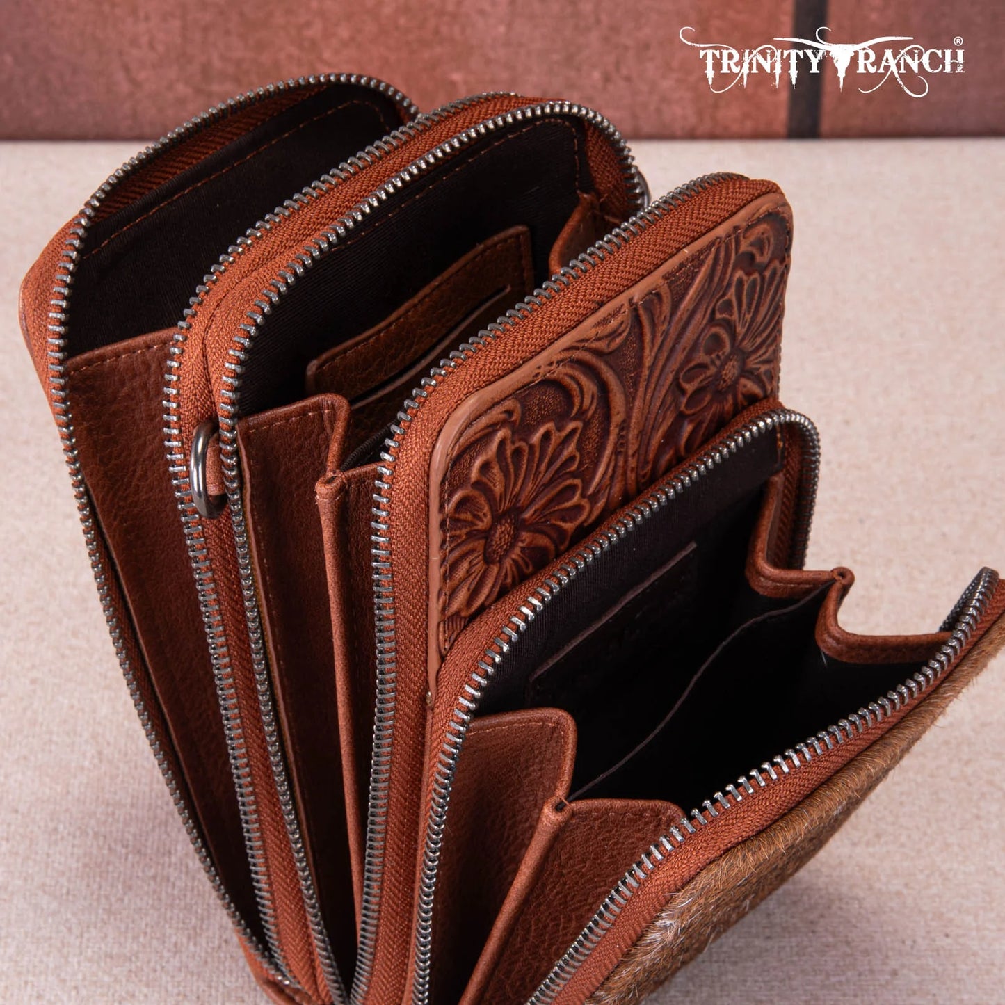 Trinity Ranch® Genuine Hair-On Cowhide /Tooled Collection Phone Purse with Coin Pouch TR159 -183ABR