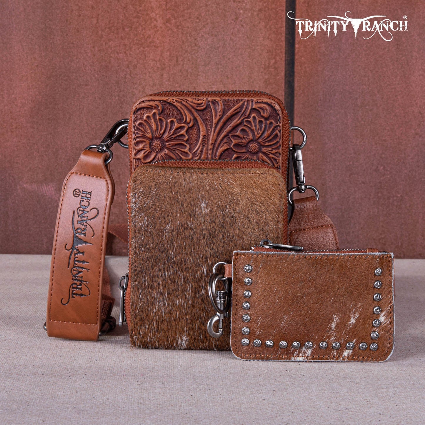 Trinity Ranch® Genuine Hair-On Cowhide /Tooled Collection Phone Purse with Coin Pouch TR159 -183ABR