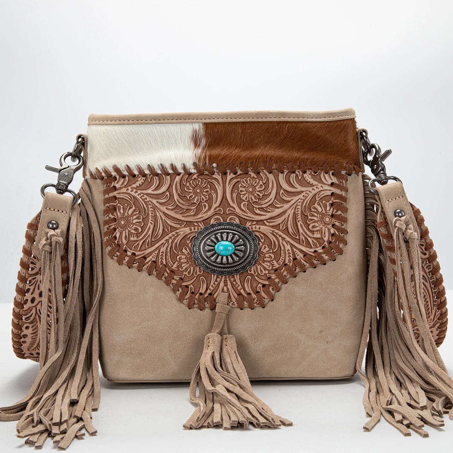 Montana West® Trinity Ranch Hair-On Cowhide Floral Tooled Concealed Carry Crossbody Bag TR177G-9360TN