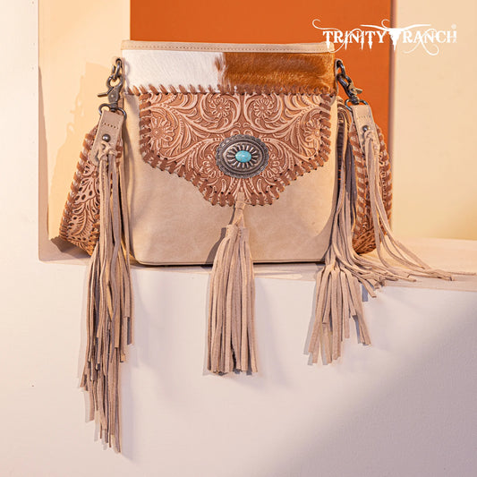 Montana West® Trinity Ranch Hair-On Cowhide Floral Tooled Concealed Carry Crossbody Bag TR177G-9360TN