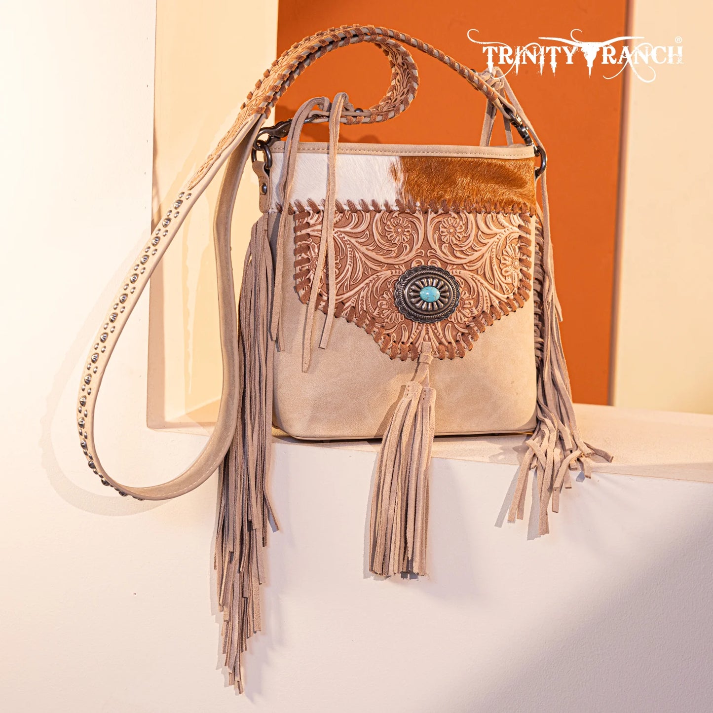 Montana West® Trinity Ranch Hair-On Cowhide Floral Tooled Concealed Carry Crossbody Bag TR177G-9360TN