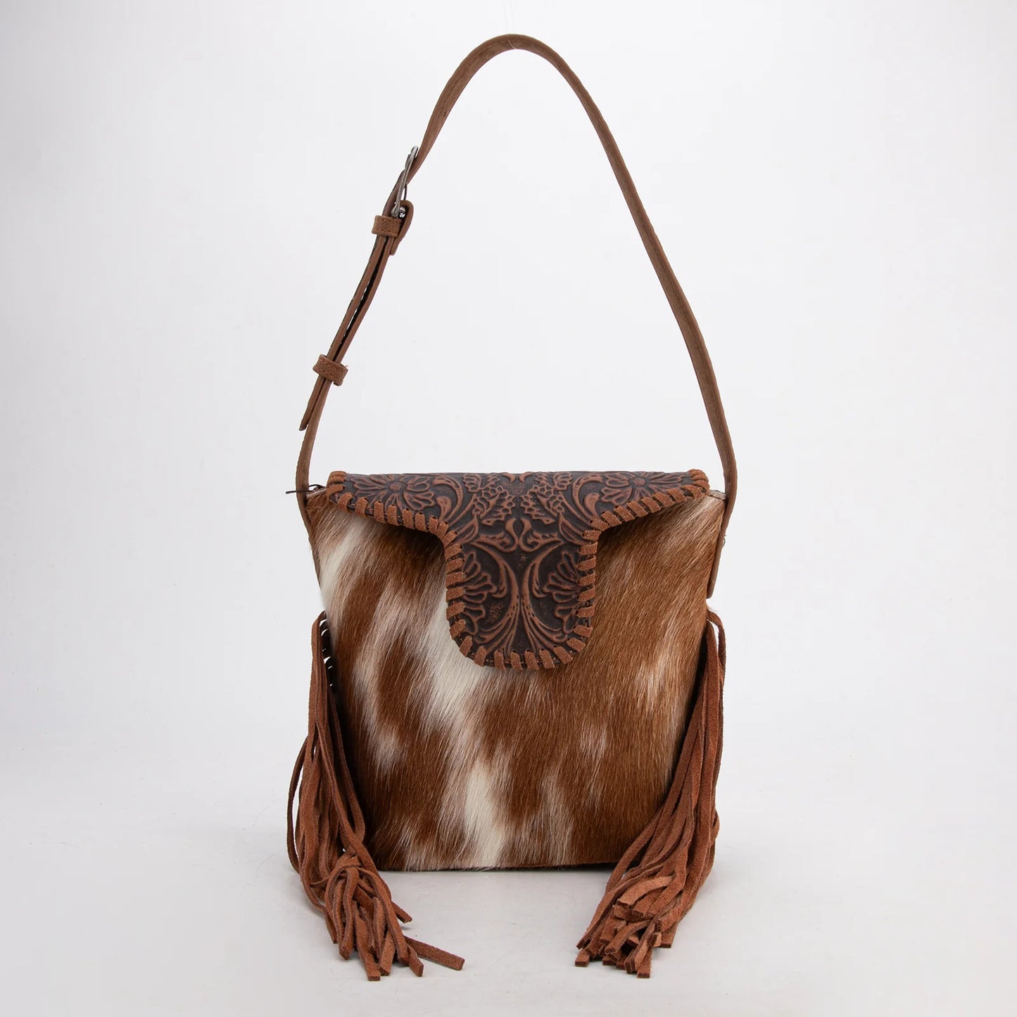 Trinity Ranch® Genuine Hair-On Cowhide Tooled Fringe Shoulder Bag TR182-9181 3 Colors Available