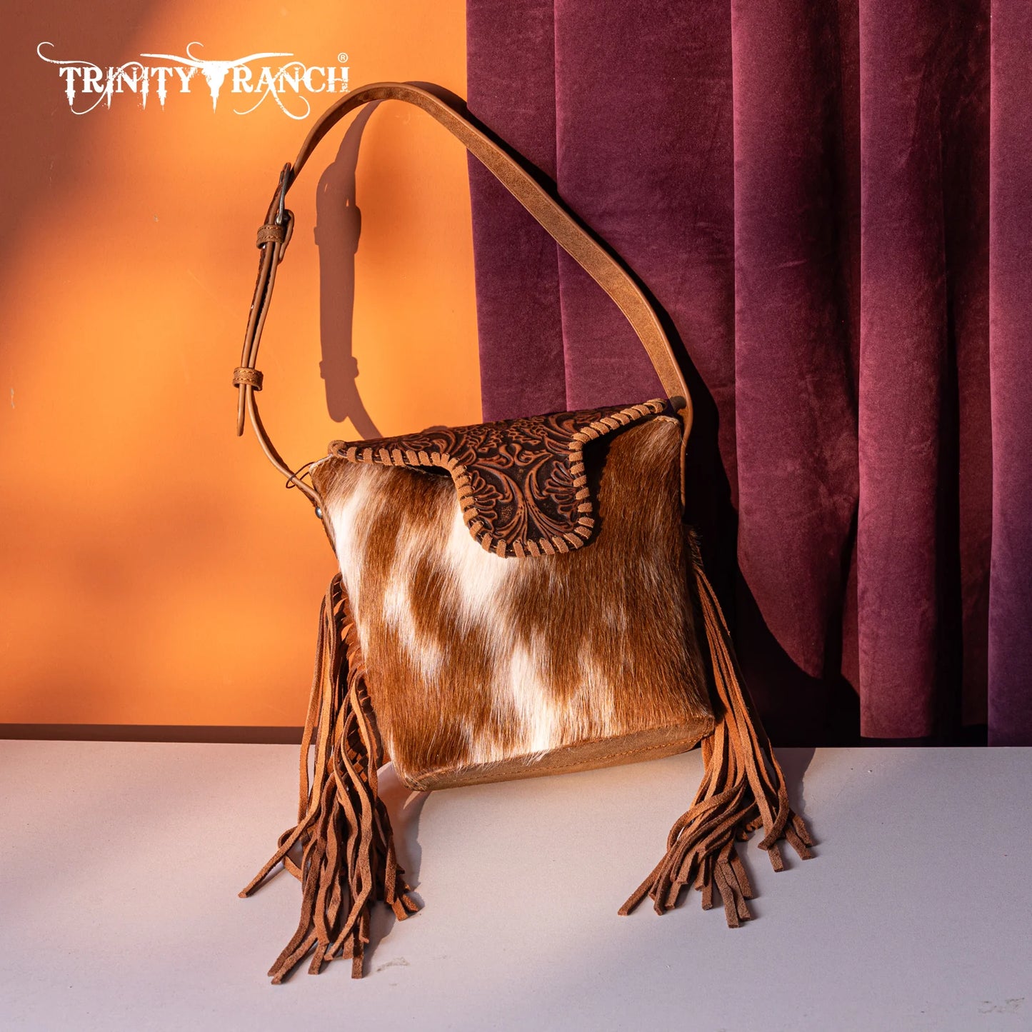 Trinity Ranch® Genuine Hair-On Cowhide Tooled Fringe Shoulder Bag TR182-9181 3 Colors Available