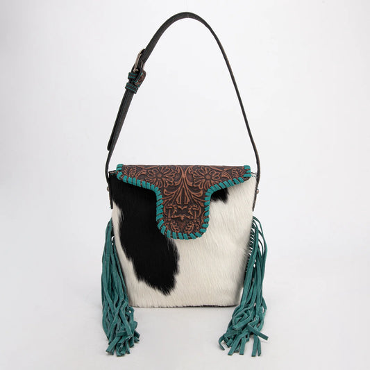 Trinity Ranch® Genuine Hair-On Cowhide Tooled Fringe Shoulder Bag TR182-9181 3 Colors Available