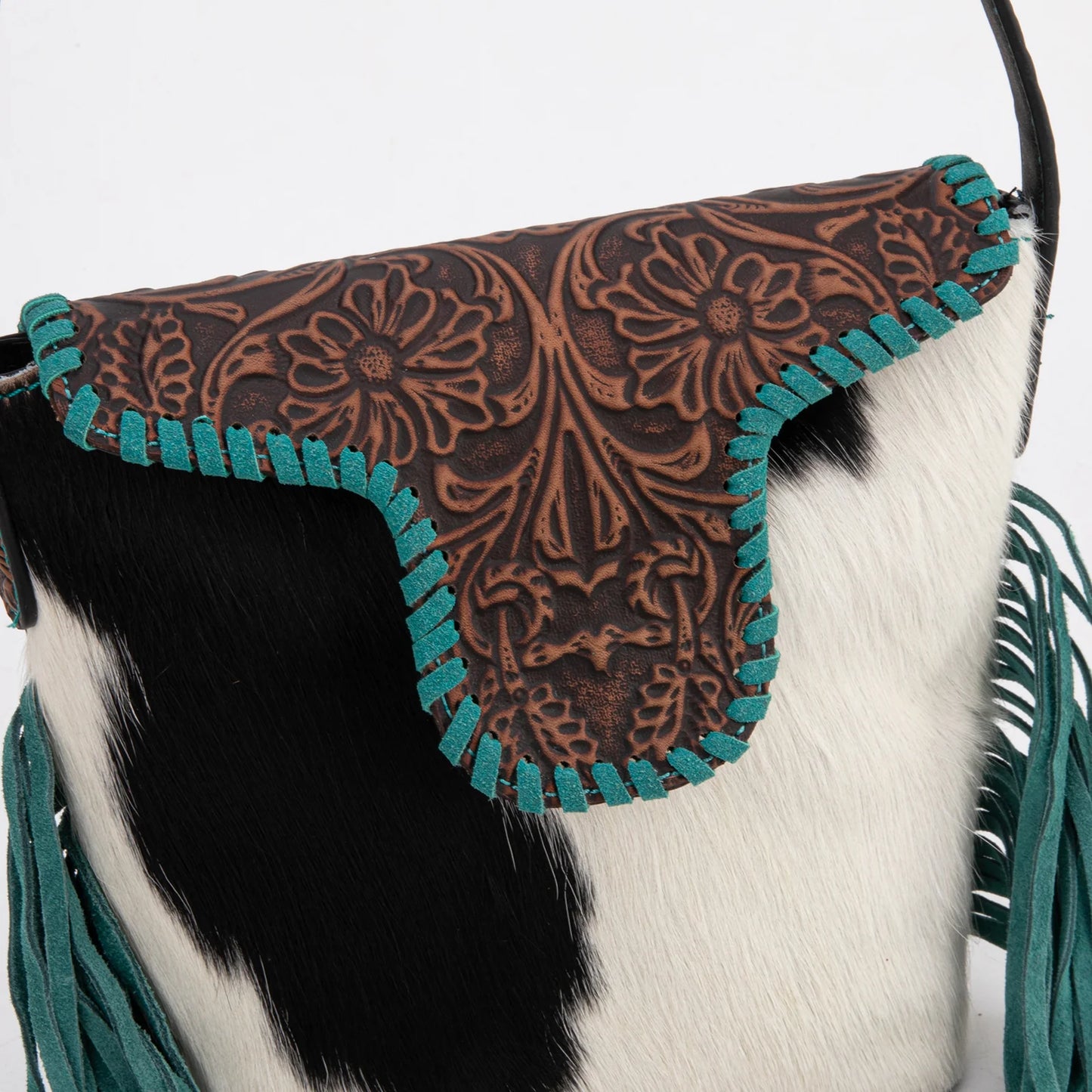 Trinity Ranch® Genuine Hair-On Cowhide Tooled Fringe Shoulder Bag TR182-9181 3 Colors Available