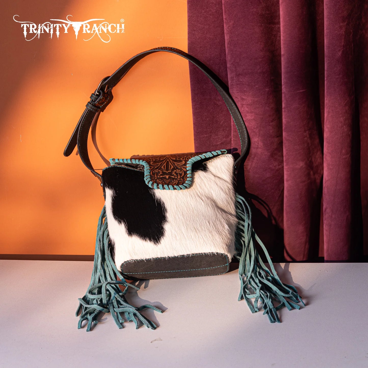 Trinity Ranch® Genuine Hair-On Cowhide Tooled Fringe Shoulder Bag TR182-9181 3 Colors Available