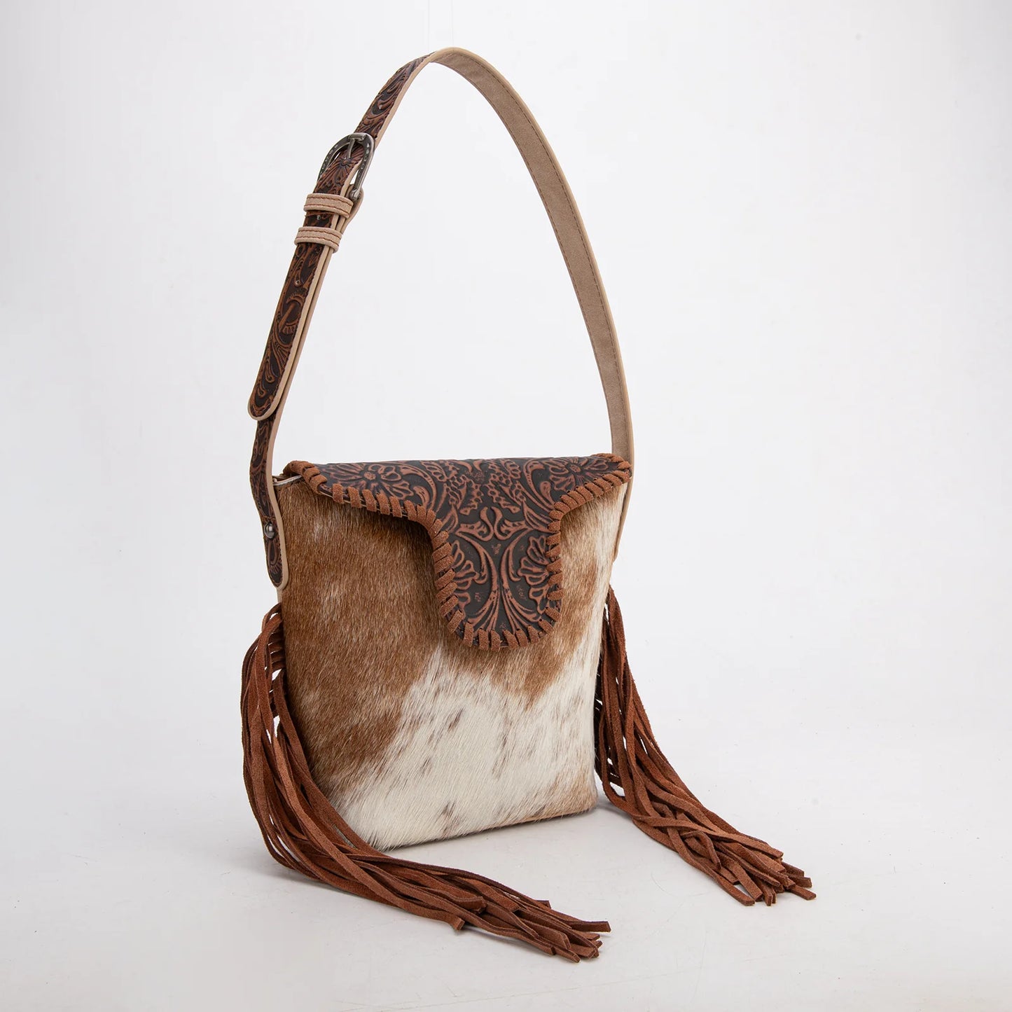 Trinity Ranch® Genuine Hair-On Cowhide Tooled Fringe Shoulder Bag TR182-9181 3 Colors Available