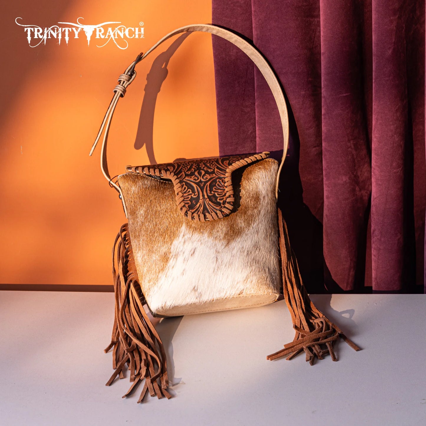 Trinity Ranch® Genuine Hair-On Cowhide Tooled Fringe Shoulder Bag TR182-9181 3 Colors Available