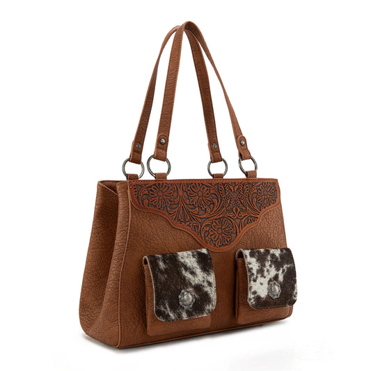 Trinity Ranch® Genuine Hair-On Cowhide Tooled Collection Concealed Carry Tote Brown TR203G-8600BR