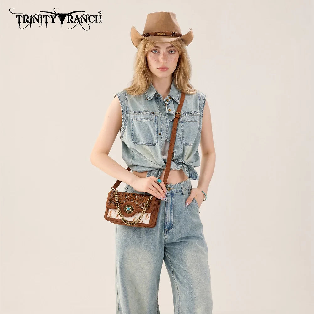 Trinity Ranch® Cowhide Floral Cutout Crossbody Bag Brown TR205-888BR