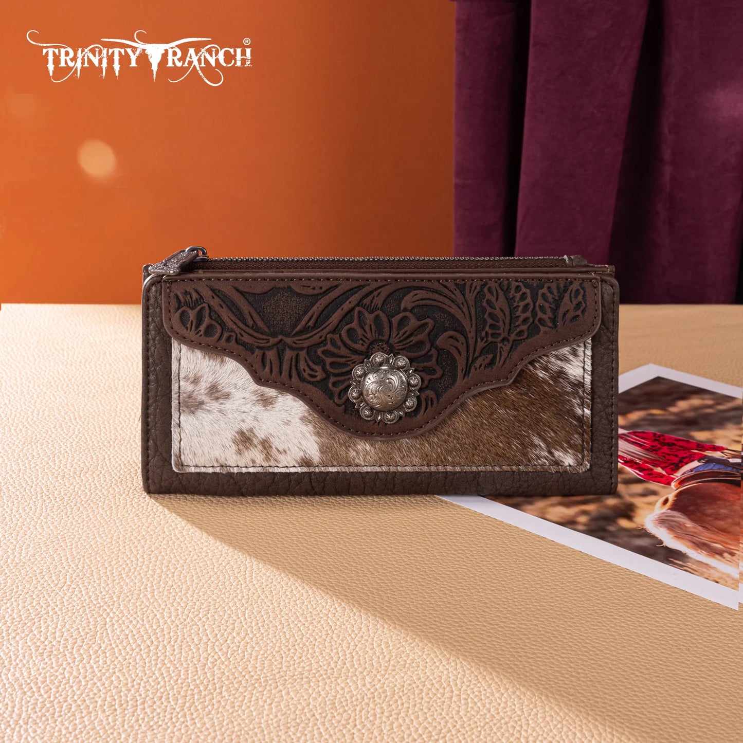 Trinity Ranch® Hair-On Cowhide Tooled Collection Wallet TR203-W2002CF