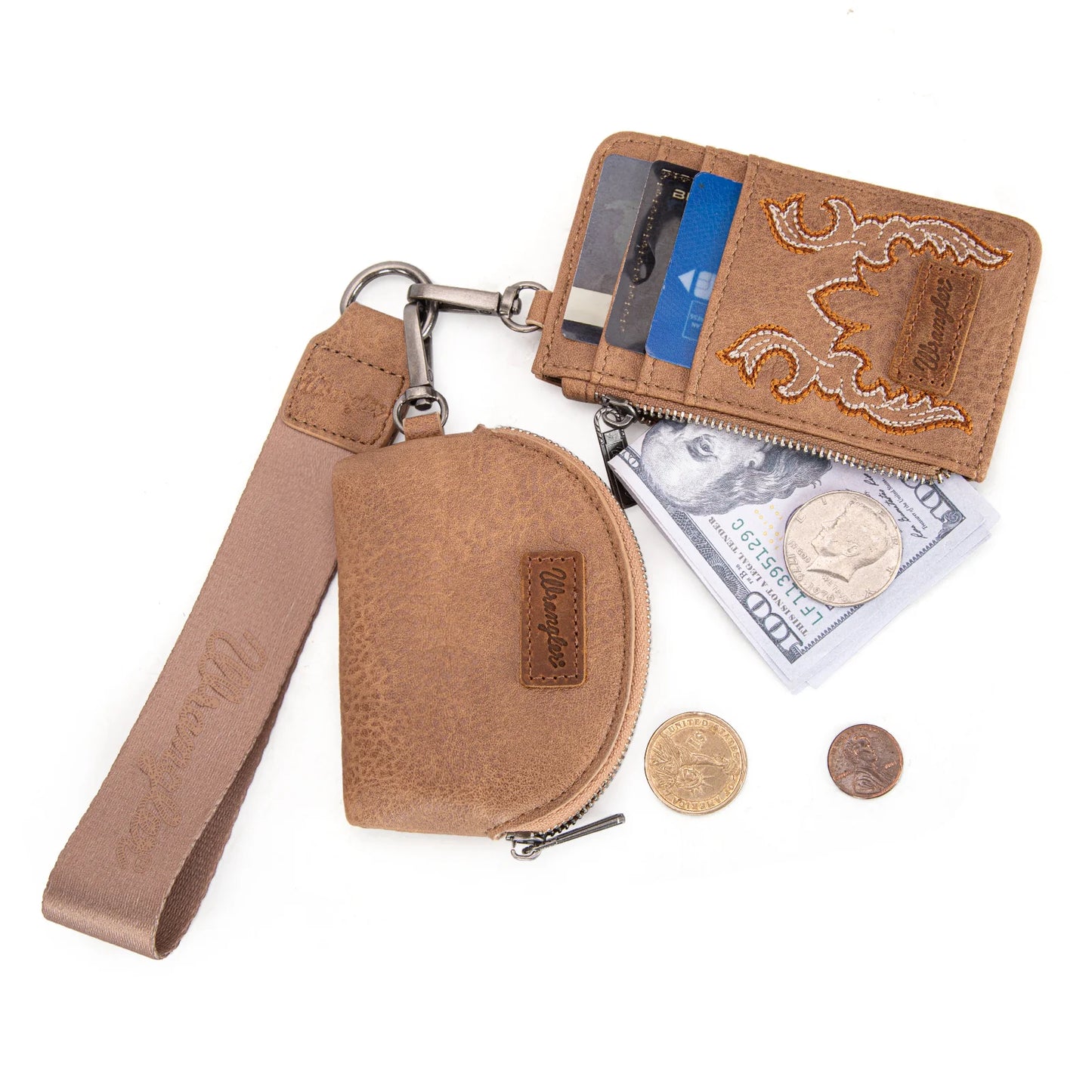 Wrangler® Embroidered Dual Pouch Wristlet Khaki WG145-W007KH