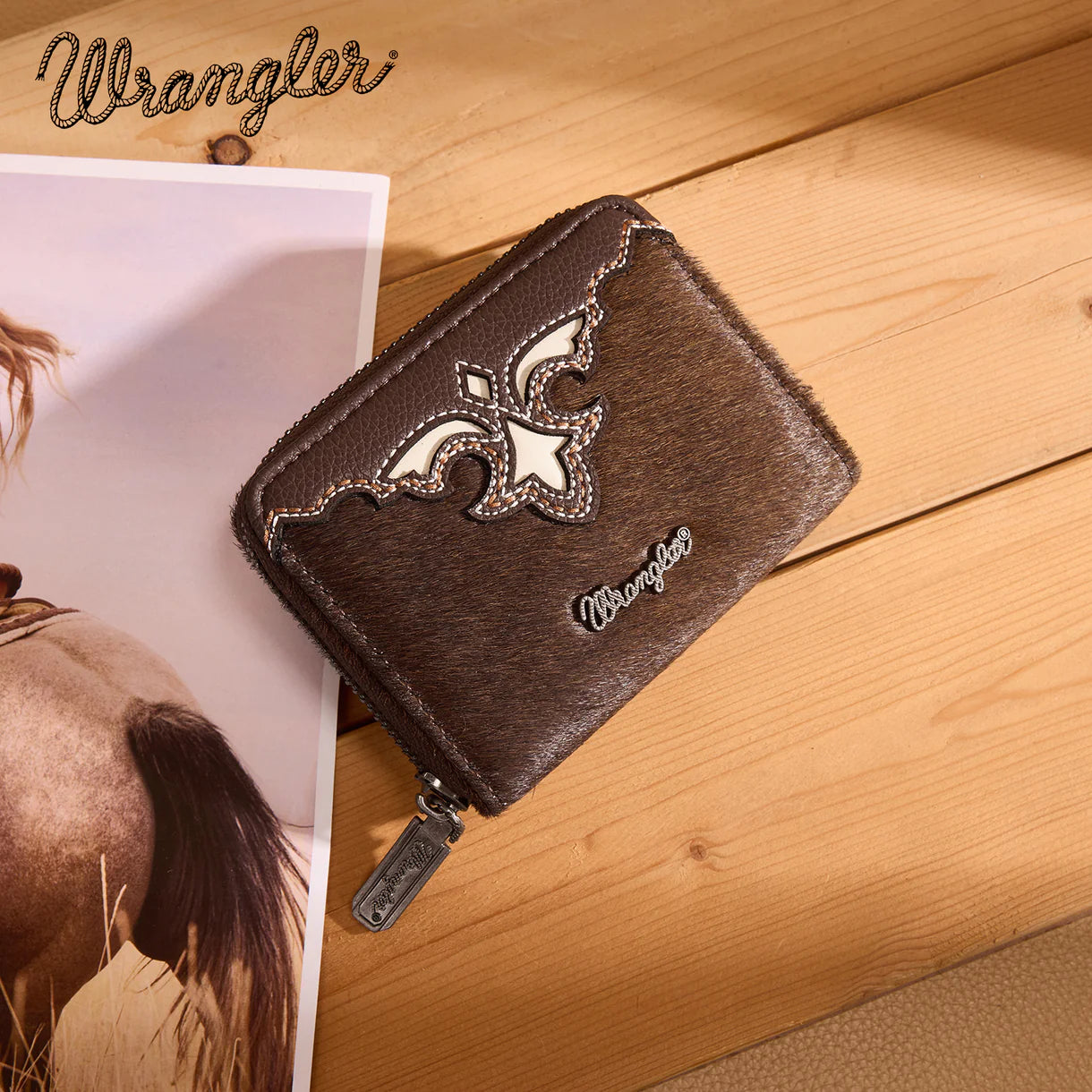 Wrangler® Genuine Hair-On Cowhide Zip-Around Wallet Coffee WG322-W088CF