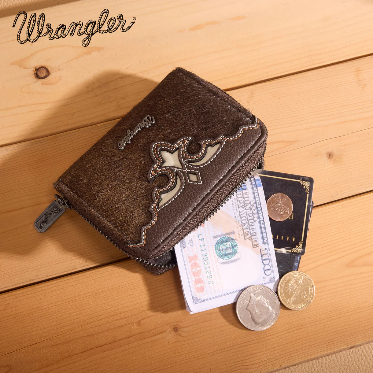 Wrangler® Genuine Hair-On Cowhide Zip-Around Wallet Coffee WG322-W088CF