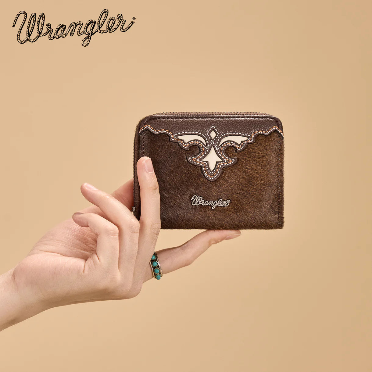 Wrangler® Genuine Hair-On Cowhide Zip-Around Wallet Coffee WG322-W088CF