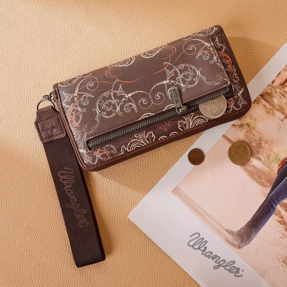 Wrangler® Scroll Print Zip Around Wallet Coffee WG443-W130CF
