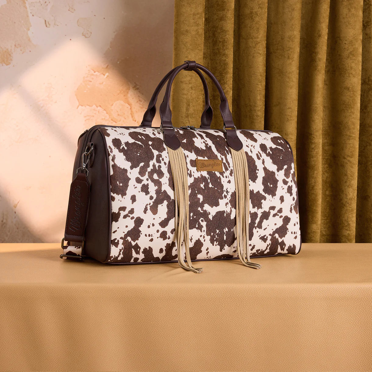 Wrangler® Cow Print Fringe Duffle/Crossbody Coffee WG444-5110CF