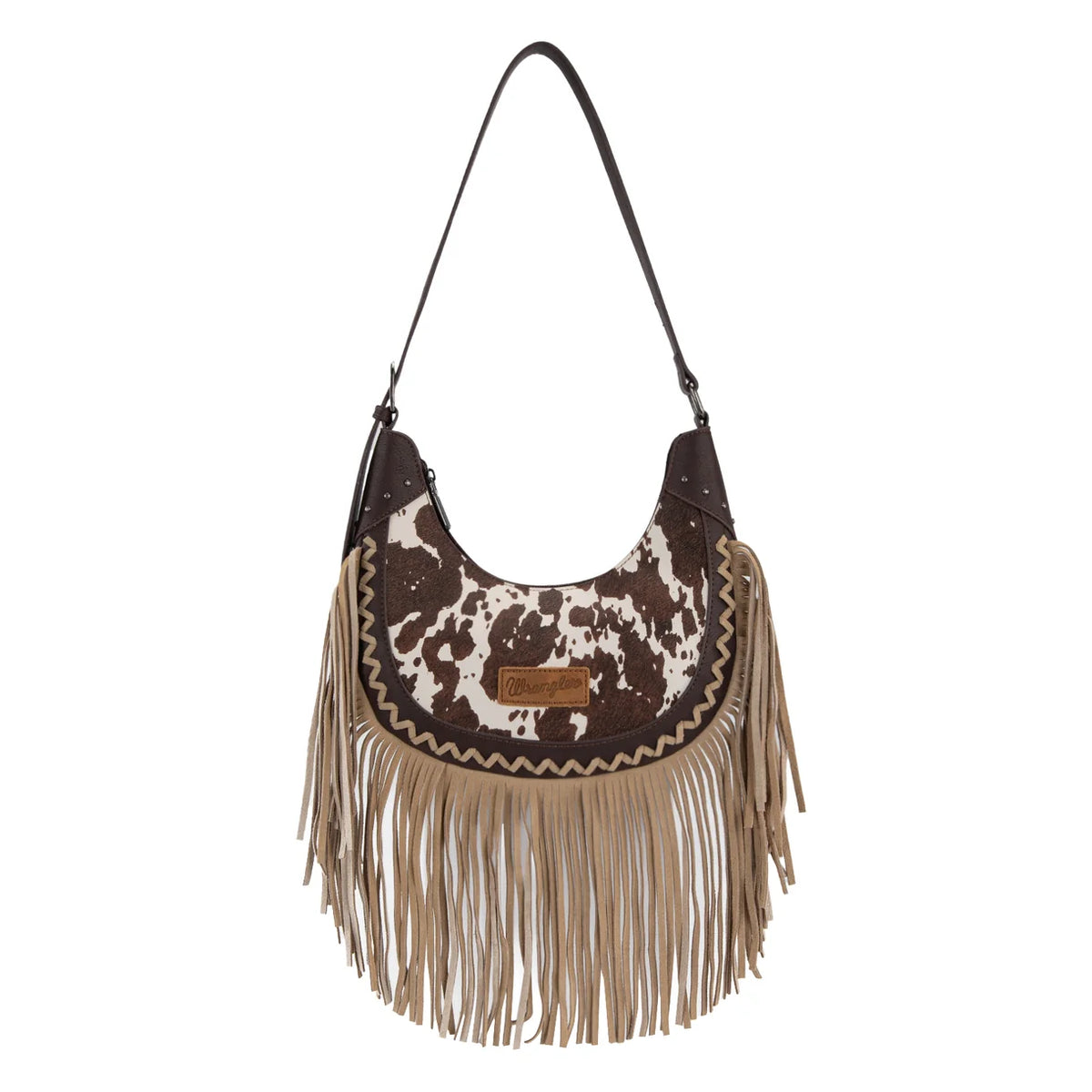 Wrangler® Cow Print Fringe Shoulder Hobo Bag Coffee WG444-818CF