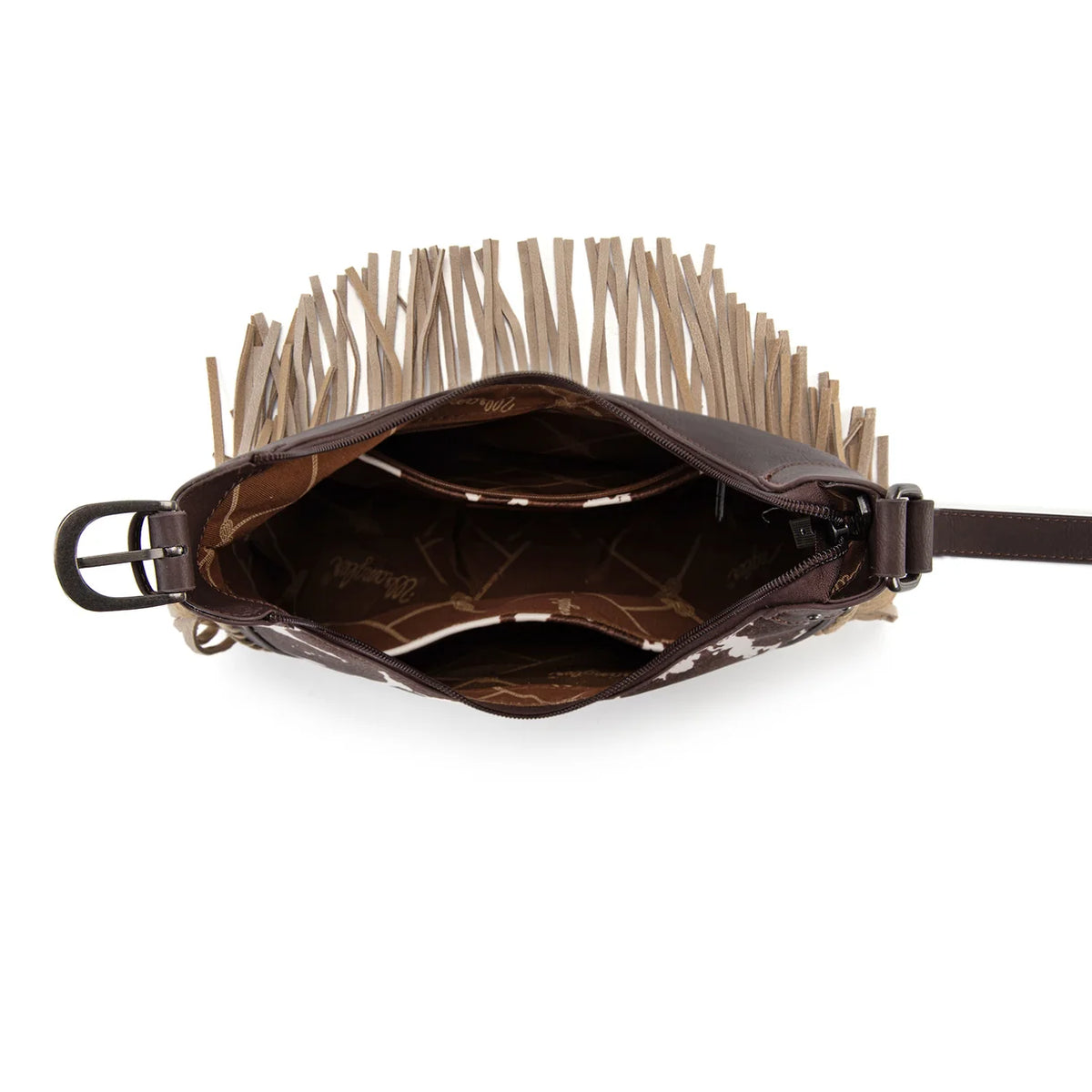 Wrangler® Cow Print Fringe Shoulder Hobo Bag Coffee WG444-818CF