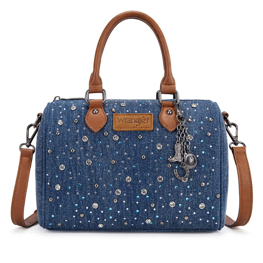 Wrangler® Western Rhinestone Denim Boston Bag/Crossbody Dark Denim WG458-51102DJN