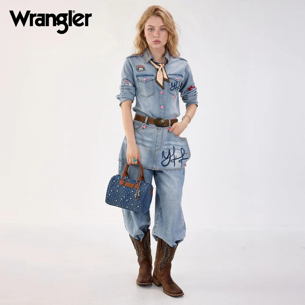 Wrangler® Western Rhinestone Denim Boston Bag/Crossbody Dark Denim WG458-51102DJN