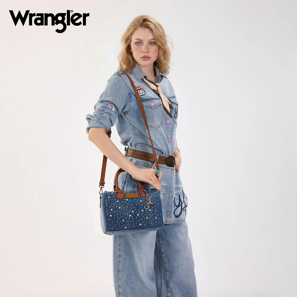 Wrangler® Western Rhinestone Denim Boston Bag/Crossbody Dark Denim WG458-51102DJN