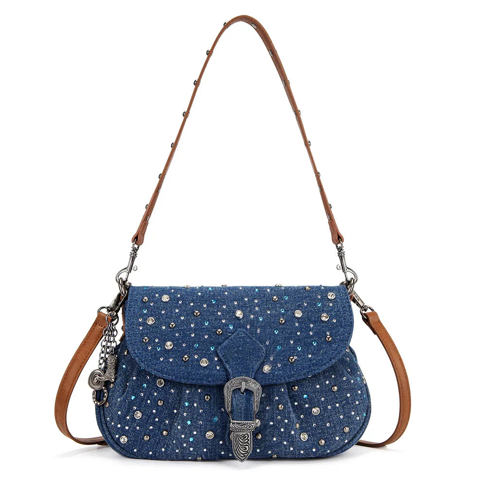 Wrangler® Dark Jean Western Rhinestone Flap Crossbody Shoulder Bag WG458-818DJN
