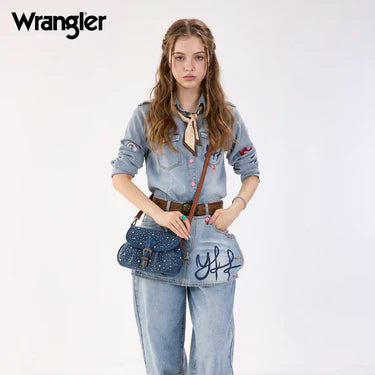 Wrangler® Dark Jean Western Rhinestone Flap Crossbody Shoulder Bag WG458-818DJN