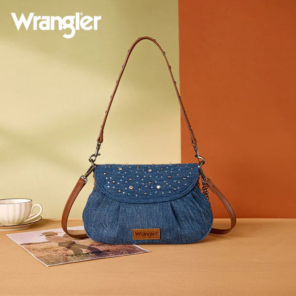 Wrangler® Dark Jean Western Rhinestone Flap Crossbody Shoulder Bag WG458-818DJN