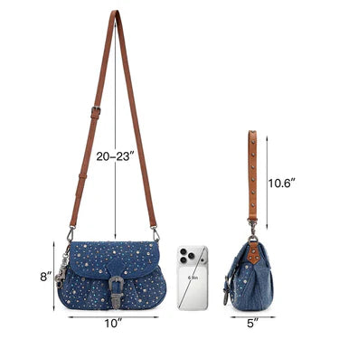 Wrangler® Dark Jean Western Rhinestone Flap Crossbody Shoulder Bag WG458-818DJN