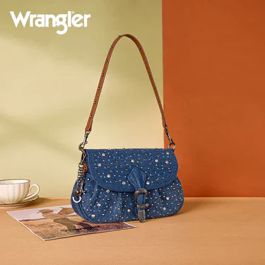 Wrangler® Dark Jean Western Rhinestone Flap Crossbody Shoulder Bag WG458-818DJN