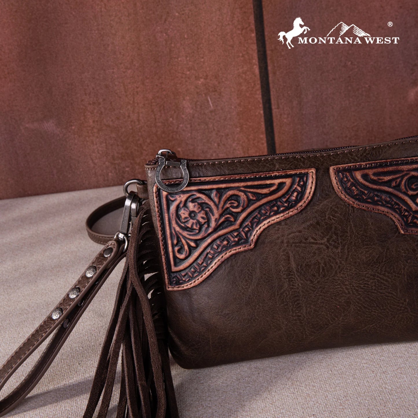 Montana West U.S.A.® Montana West Floral Tooled Fringe Wristlet Clutch/Crossbody Bag MW1262-181