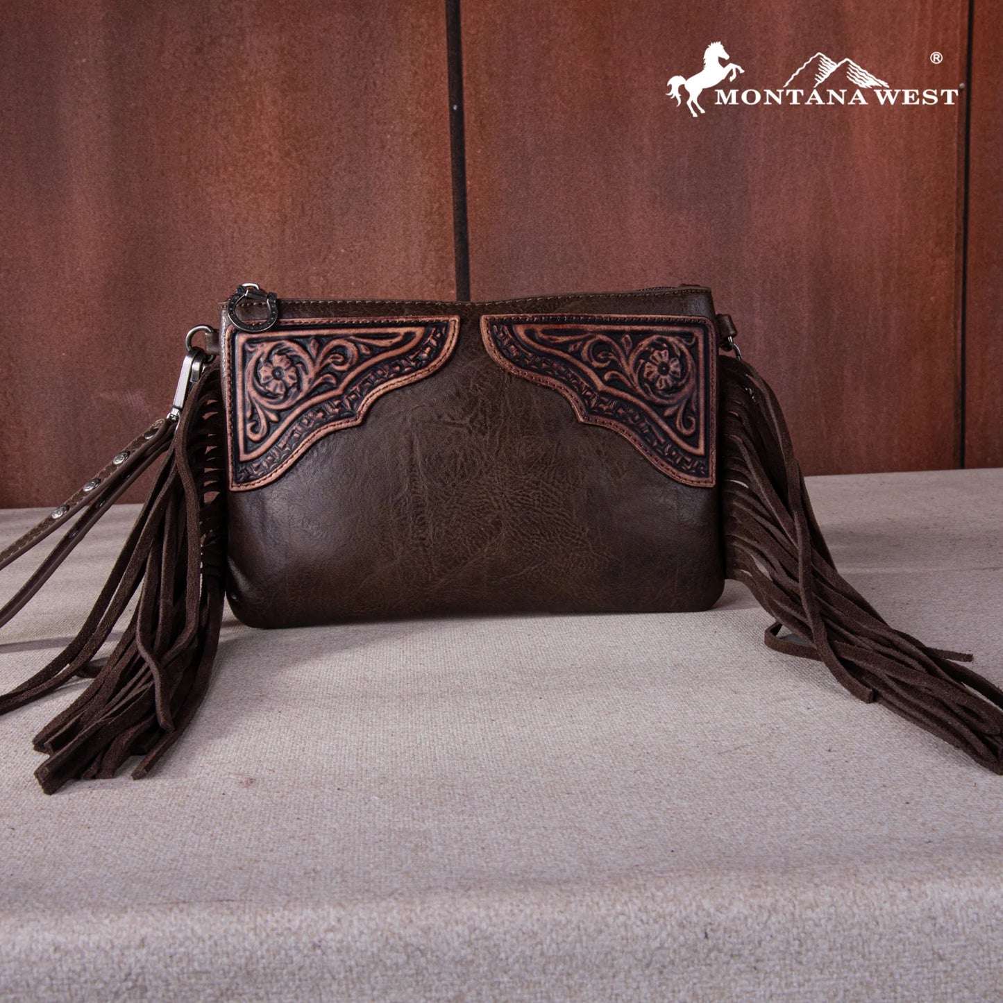 Montana West U.S.A.® Montana West Floral Tooled Fringe Wristlet Clutch/Crossbody Bag MW1262-181