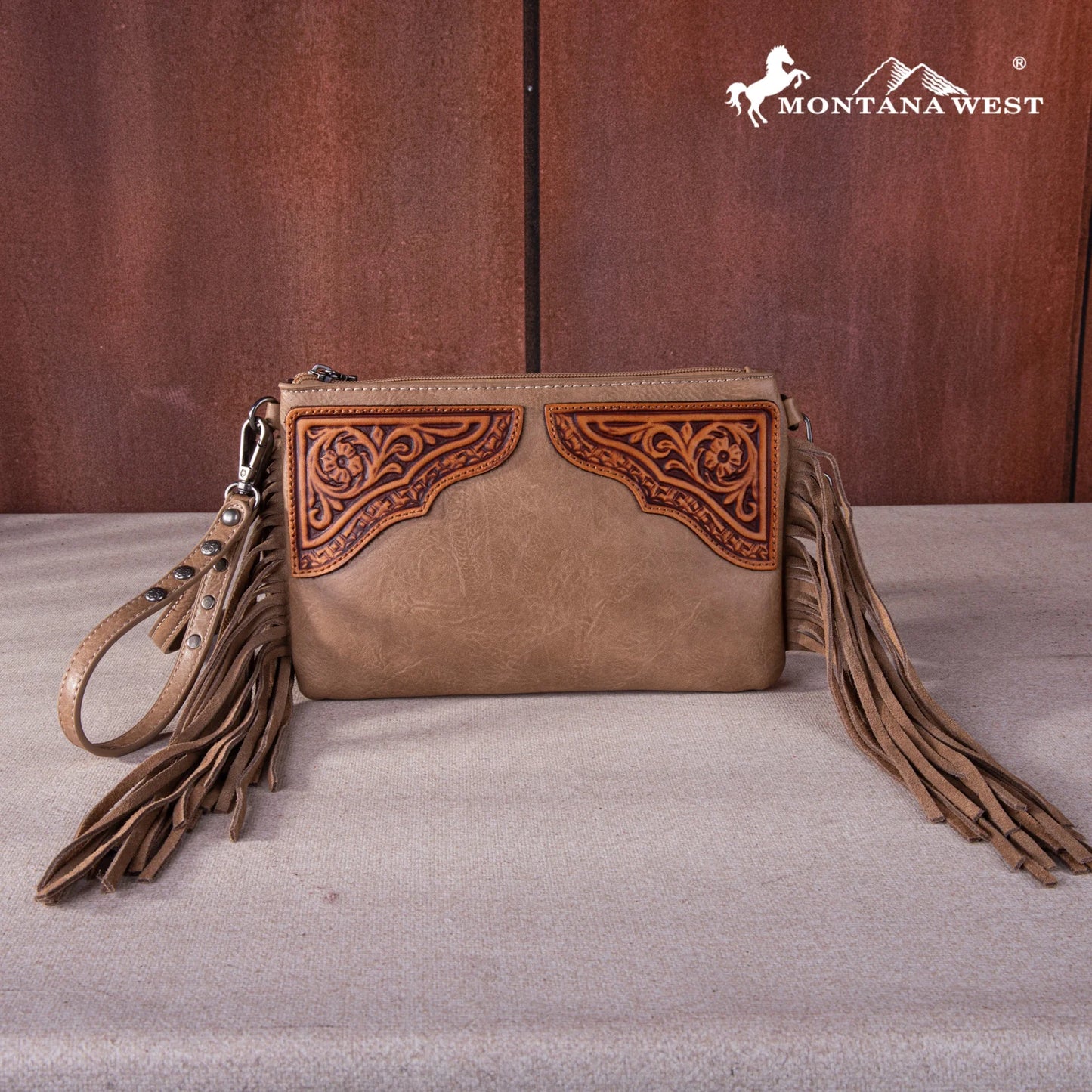 Montana West U.S.A.® Montana West Floral Tooled Fringe Wristlet Clutch/Crossbody Bag MW1262-181