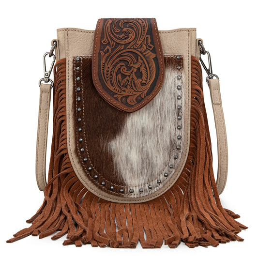 Trinity Ranch® Genuine Hair-On Cowhide Tooled Fringe Crossbody Bag- Tan TR180-8360TN