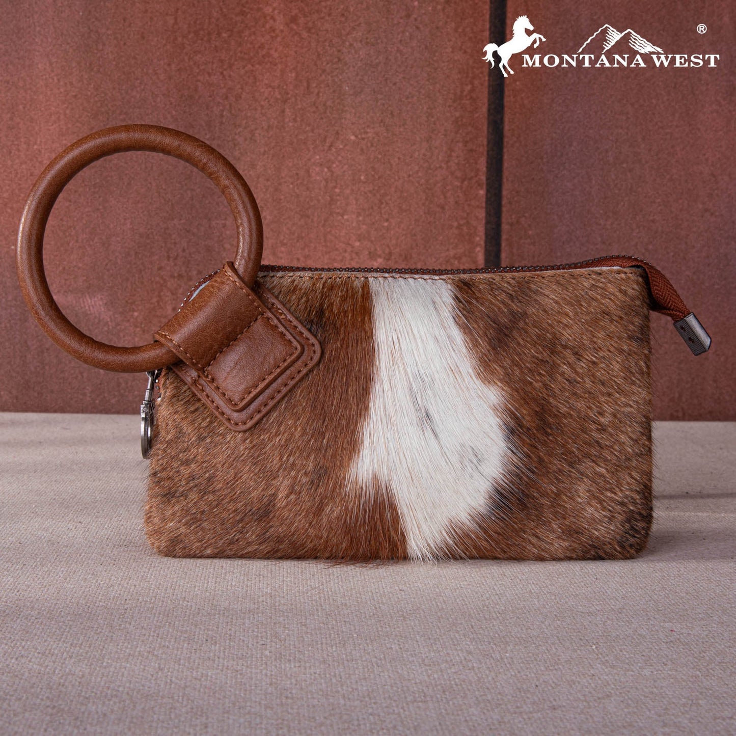Montana West® Genuine Hair-On Cowhide Ring Handle Wristlet Clutch Bag MW1260-A181BR