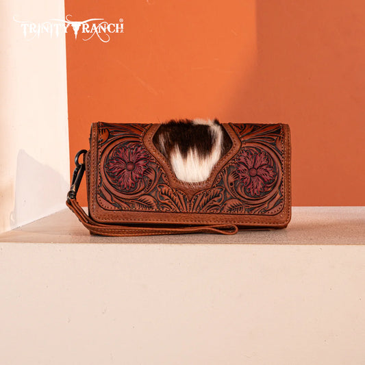 Trinity Ranch® Floral Tooled and Hair-On Cowhide Collection Wallet Brown TR187-W002BR