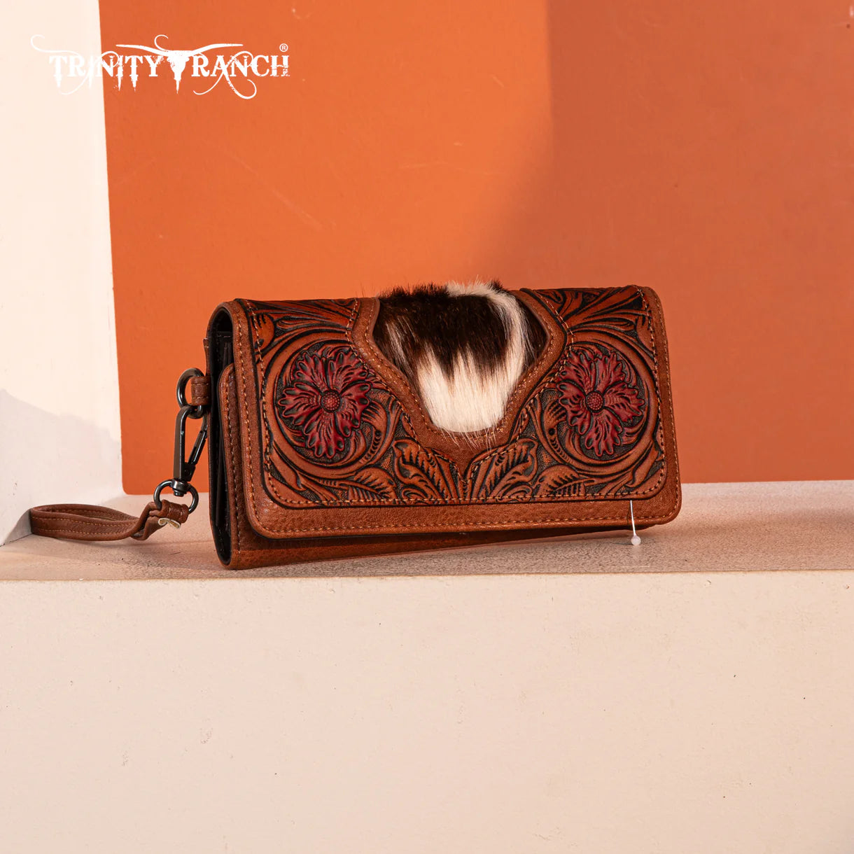 Trinity Ranch® Floral Tooled and Hair-On Cowhide Collection Wallet Brown TR187-W002BR