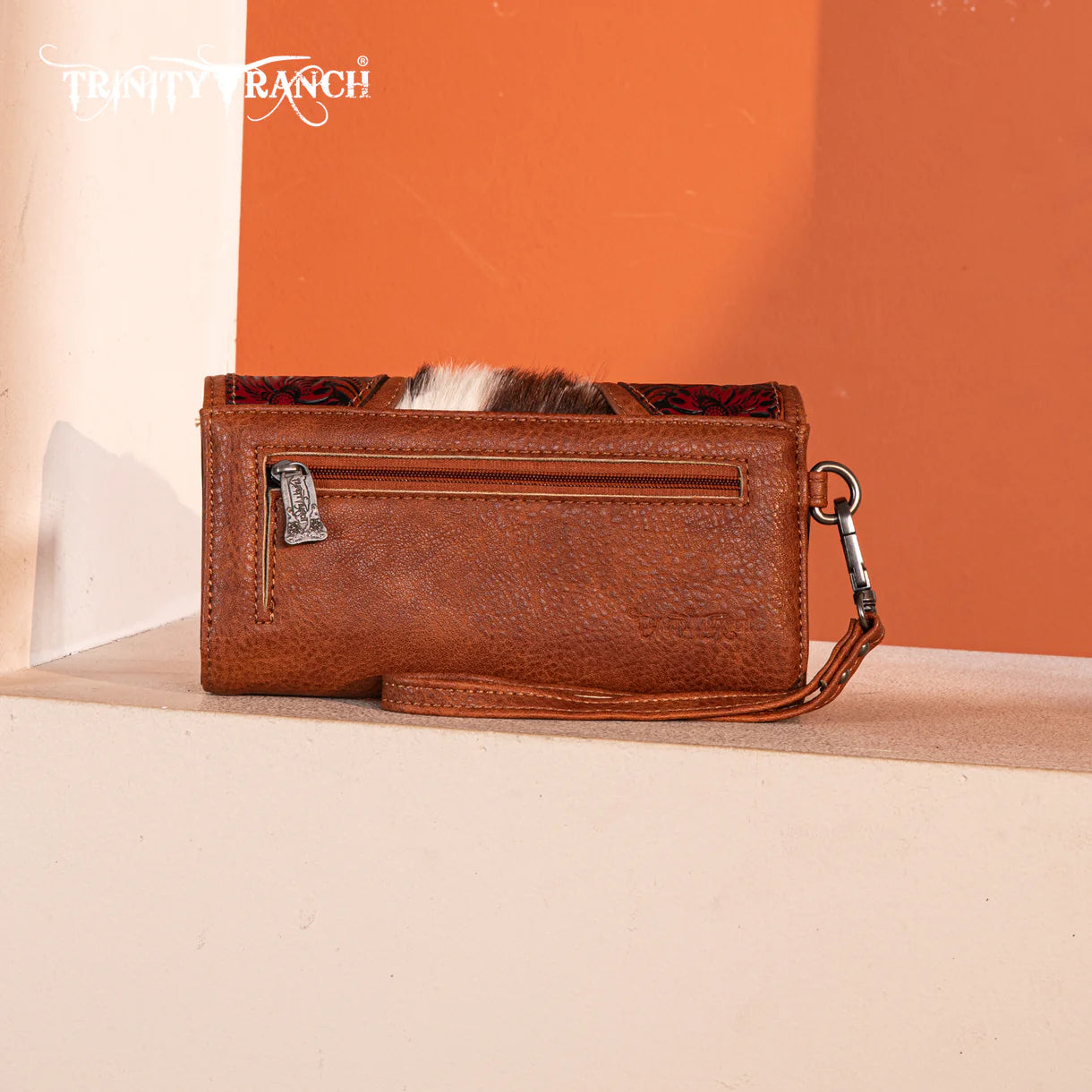Trinity Ranch® Floral Tooled and Hair-On Cowhide Collection Wallet Brown TR187-W002BR