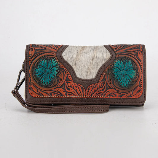 Trinity Ranch® Genuine Hair-On Cowhide & Floral Tooled Collection Wallet Coffee