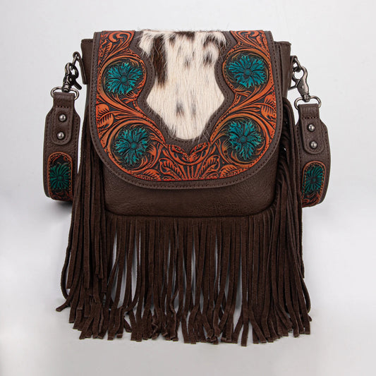 Trinity Ranch® Genuine Hair-On Cowhide & Tooled Fringe Crossbody Bag Coffee TR187-8360CF