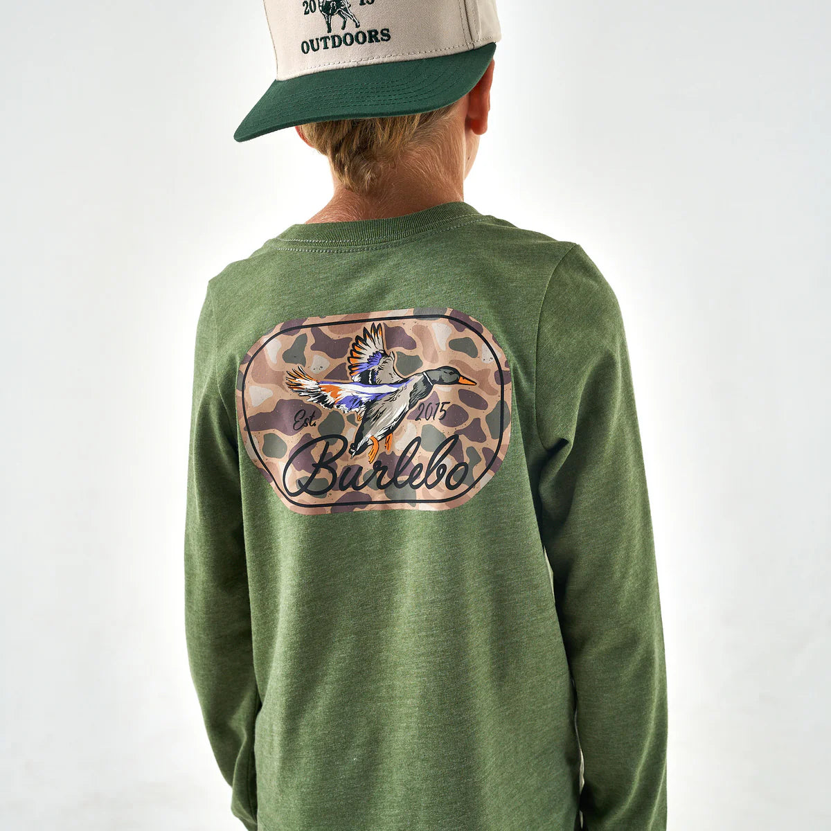 Burlebo® Youth Long Sleeve Tee - Ducks Flying In - Heather Olive Y-LST-DFI-HO