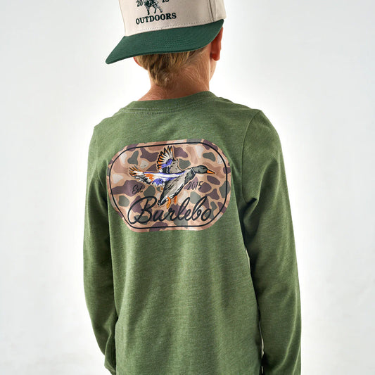Burlebo® Youth Long Sleeve Tee - Ducks Flying In - Heather Olive Y-LST-DFI-HO