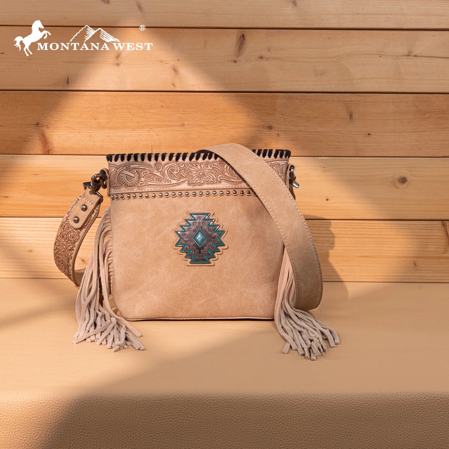 Montana West® Tooled Aztec Concho Collection Crossbody Tan MW1350-8360TN
