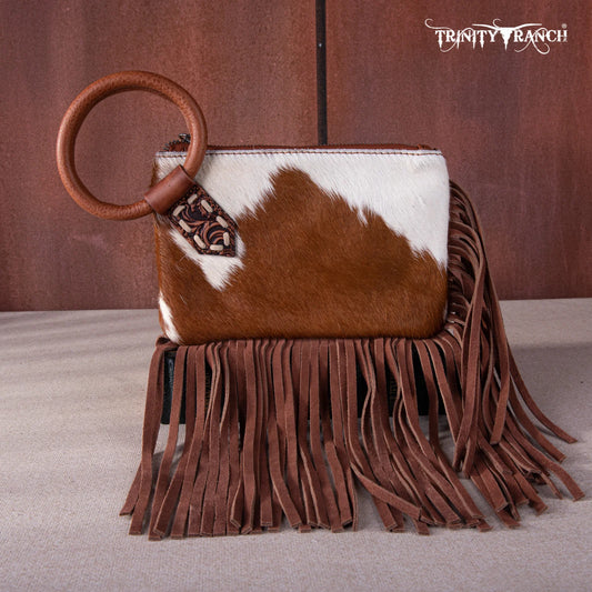 Trinity Ranch® Genuine Hair-On Cowhide Ring Handle Wristlet Clutch Bag Oak TR167-A181OAK