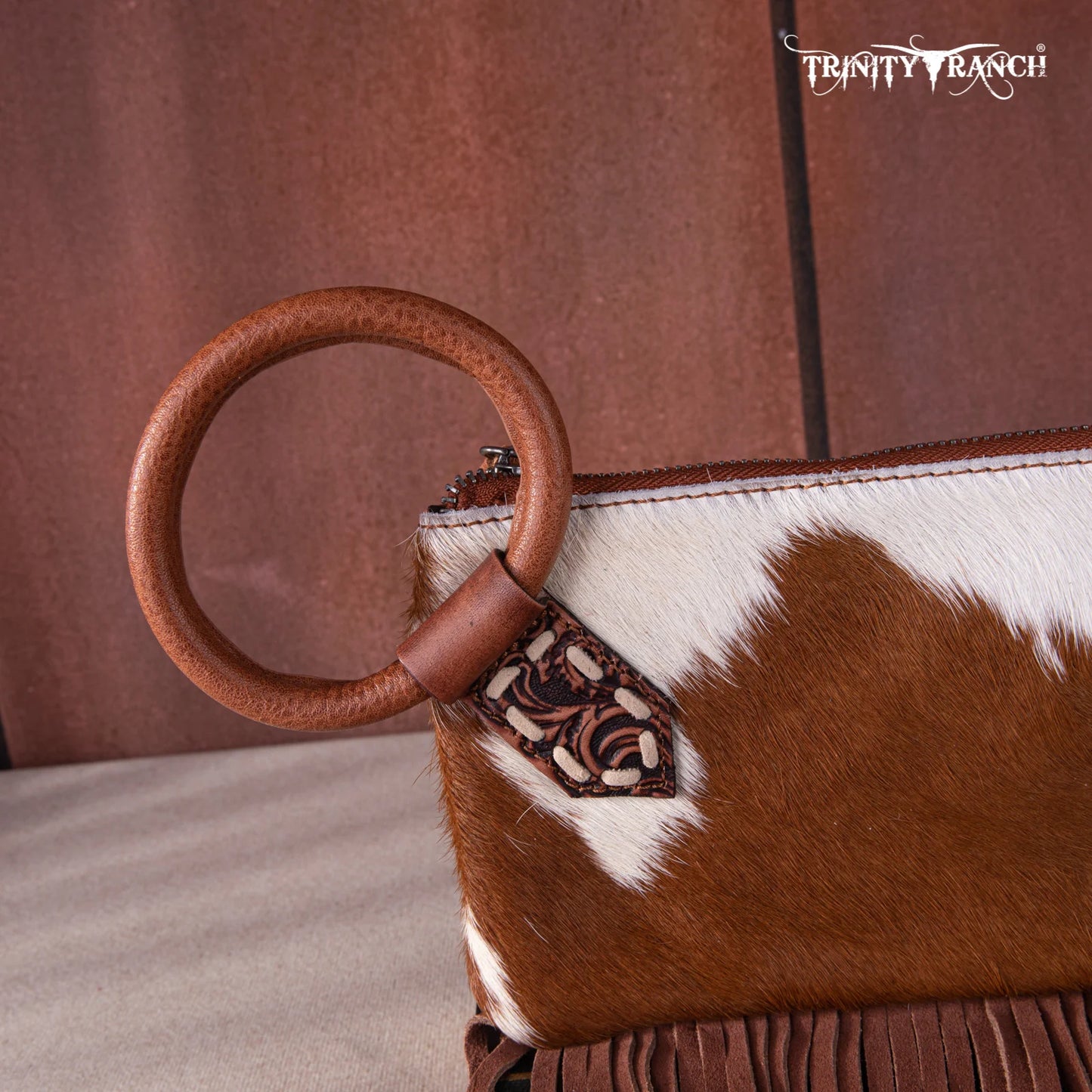 Trinity Ranch® Genuine Hair-On Cowhide Ring Handle Wristlet Clutch Bag Oak TR167-A181OAK