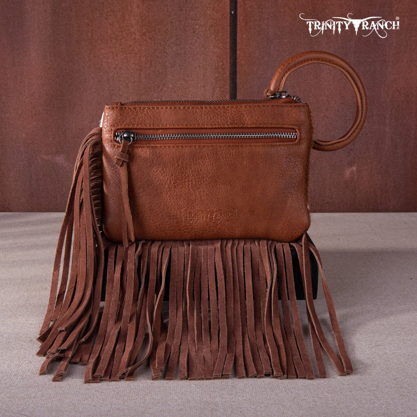 Trinity Ranch® Genuine Hair-On Cowhide Ring Handle Wristlet Clutch Bag Oak TR167-A181OAK